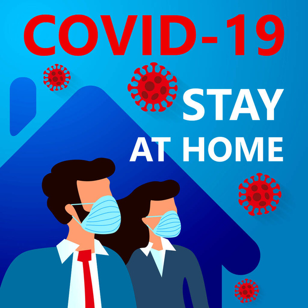 COVID-19 Novel coronavirus 2019-nCoV quarantine and stay at home on blue background. woman and man in suit with medical face mask. Corona Virus disease 2019 Pandemic Protection Concept - Vector, Imagen