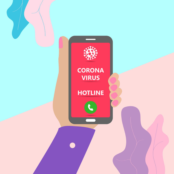 Vrouwelijke hand houden mobiele telefoon met hotline voor het contacteren van burgers over kwesties in verband met het coronavirus op het scherm met schaduw op pastel gekleurde blauwe en roze achtergrond. Concept van bestrijding met verspreiding van nieuwe coronavirusziekte COVID-19, 2019-nCoV  - Vector, afbeelding