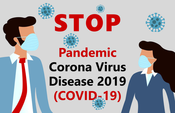 Állítsa meg a világjárványt COVID-19, 2019-nCoV, nő és férfi öltönyben kék orvosi arcmaszkkal. A Wuhan Novel corona vírus járványkitörésének megállítása - Vektor, kép