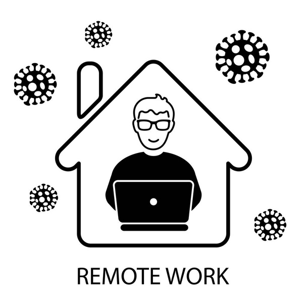 Käyttäjän etätyöskentely kannettavan tietokoneen kanssa kotoa koronaviruksen pandemian puhjetessa COVID-19, konsepti esimerkki henkilön eristämisestä kotona henkilökohtaisella tietokoneella
 - Vektori, kuva