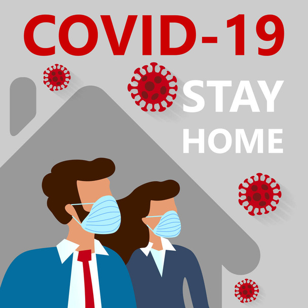 COVID-19 Novel coronavirus 2019-nCoV quarantine and stay at home on blue background. woman and man in suit with medical face mask at home. Corona Virus disease 2019 Pandemic Protection Concept - Vector, afbeelding