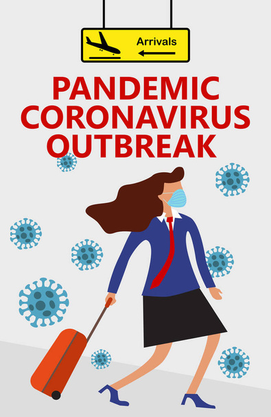 Pandemische Coronavirus uitbraak, Novel corona virus ziekte COVID-19, 2019-nCoV, MERS-Cov, wman in pak met blauw medisch masker en reistas op wielen beweegt van richting van aankomst - Vector, afbeelding