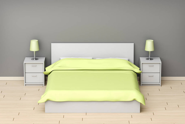 Modern ingerichte slaapkamer met grijze en groene kleuren - Foto, afbeelding