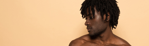 african american shirtless man isolated on beige, panoramic crop - Фото, изображение