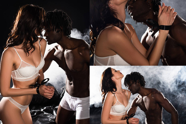 collage con seductor afroamericano hombre abrazando a mujer con las manos atadas en la cama en la oscuridad con humo
 - Foto, Imagen