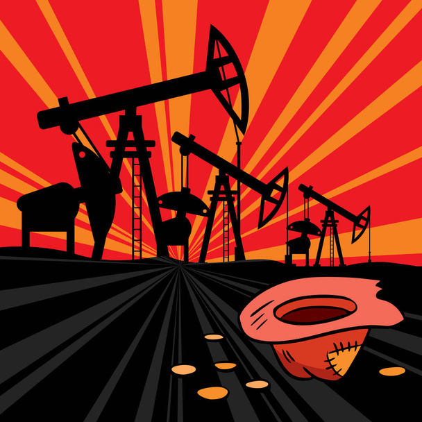 石油生産。石油リグ、販売、石油およびガス価格の下落。コロナウイルスの流行による株式市場の危機。生態系、土地資源. - ベクター画像