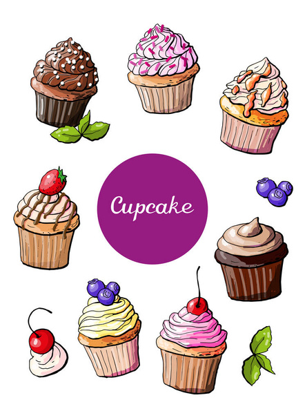 Vector illustration bakery cupcakes elements set - Vector, Image