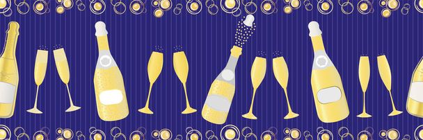 Вектор пляшки шампанського безшовна рамка. Ручні намальовані бульбашки, окуляри, божевільний напій золотий банер індиго. Елегантне ігристе вино повторює ілюстрацію. Окантовка, стрічка для вечірки, концепція святкування
 - Вектор, зображення