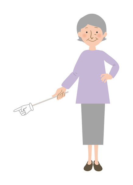 Systémová vektorová ilustrace babičky ukazující na dno v ukazovací tyči - orientální babička s šedivými vlasy - Vektor, obrázek