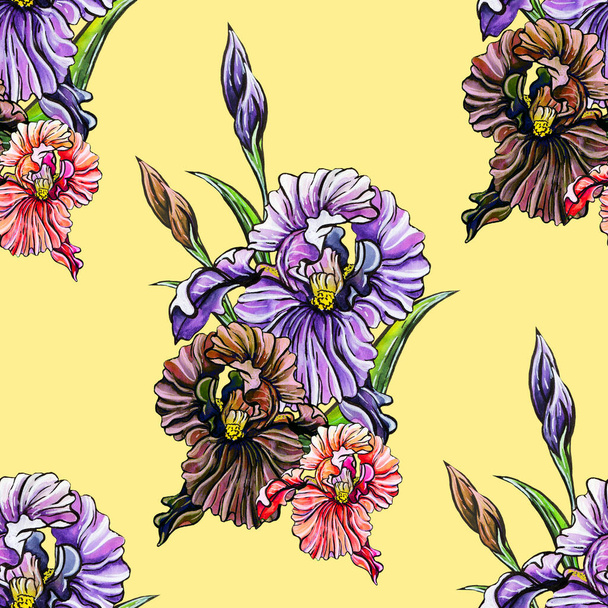 Pattern bouquet of purple, burgundy and red irises on a pastel beige background - Photo, Image