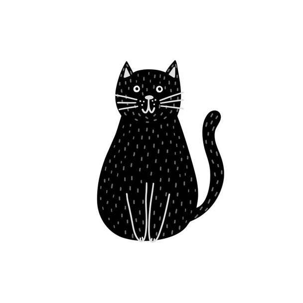 Słodki czarny kot izolowany element. Śmieszny koci charakter w dziecięcym stylu - Wektor, obraz
