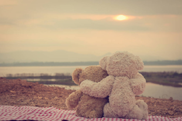 Twee bruine teddyberen zitten op rood en wit stof knuffelend, omhelzen elkaar. Kijkend naar rivier zonsondergang herfst. Met kopieerruimte achtergrond Afbeelding vintage stijl. - Foto, afbeelding
