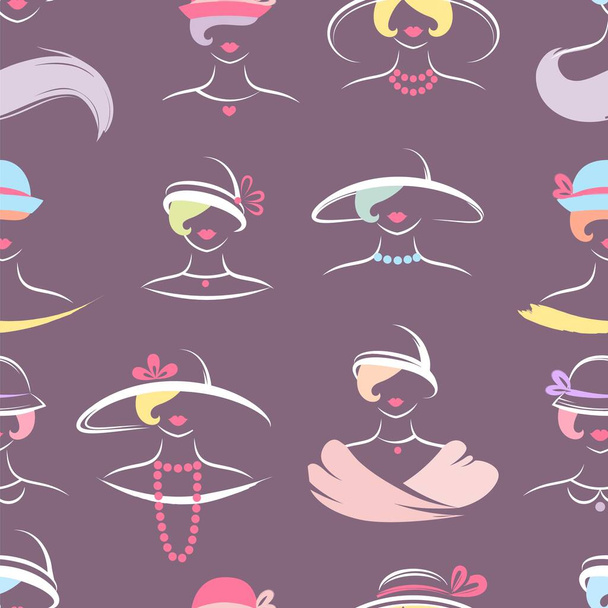 Female heads in retro hats on a dark purple background. Seamless pattern vector. - Vector, afbeelding