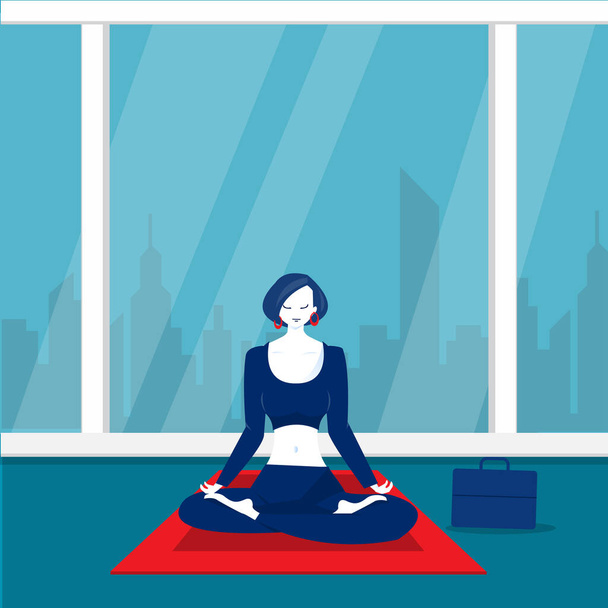 oficina señora meditación feliz y yoga con el estrés y la ansiedad ilustrador
. - Vector, imagen