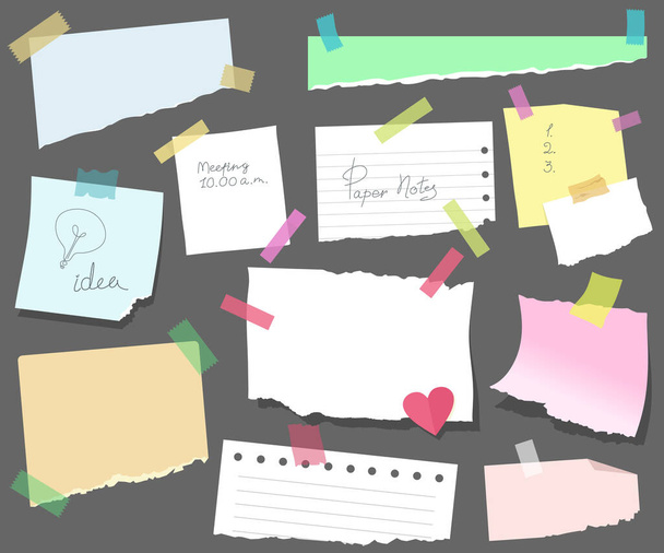 Sticky notes on paper, torn sheets with meeting reminders, a memorable date, or notes. Blank vector Velcro blanks, office notices or home reminder. - Vector, Image
