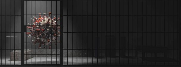 3d ilustración de una simulación del virus coronavirus flotando en una prisión
 - Foto, Imagen