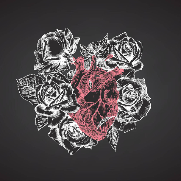 Srdce s kyticí růží na tabuli Realistická ručně kreslená ikona lidských vnitřních orgánů a květinového rámu. Skica rytí styl Lékařské post-virové rehabilitace design koncepce. Tetování umění. Vektor - Vektor, obrázek
