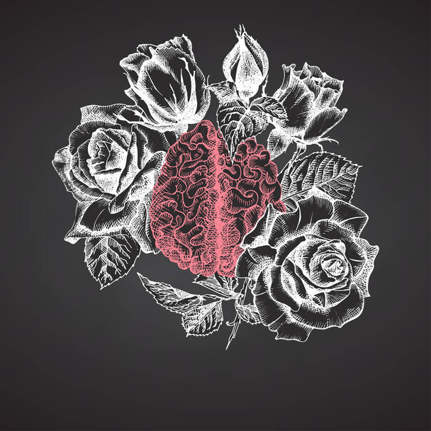 Cerebro con rosas ramo en pizarra Icono realista dibujado a mano de órgano interno humano y marco de flores. Bosquejo Estilo de grabado Concepto de diseño de rehabilitación post-viral médica. Arte de tatuajes. Vector
 - Vector, imagen