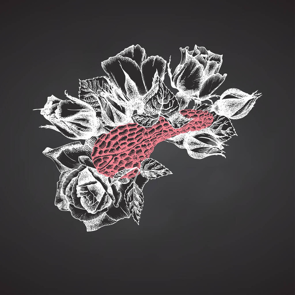 Pancreas con bouquet di rose sulla lavagna Icona realistica disegnata a mano di organo interno umano e cornice floreale. Disegno Stile di incisione Concetto di progettazione medica post-virale di riabilitazione Tatuaggi arte Vettore
 - Vettoriali, immagini