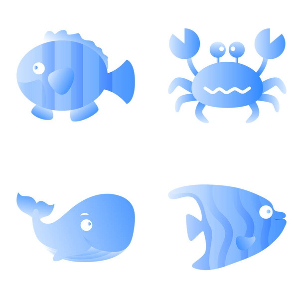 Grouper Fish Whale Crabs and Sea Fish. Roztomilé zvíře maskot ikona plochý design - Vektor, obrázek