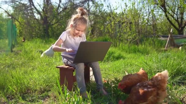 little girl with laptop and chickens in village - Záběry, video