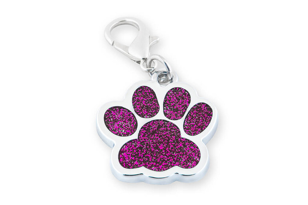 Closeup dog collar metal tag shaped in form footprint isolated on white background. Footprint clip collar accessory, leash charm footprint accessory, ID tag animal. - Photo, Image