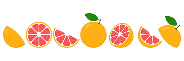 グレープフルーツの新鮮なスライスセット。ジュースやビタミンcのロゴのための果物のスライスをカットします。白い背景に隔離された柑橘類のアイコンベクトルイラスト. - ベクター画像