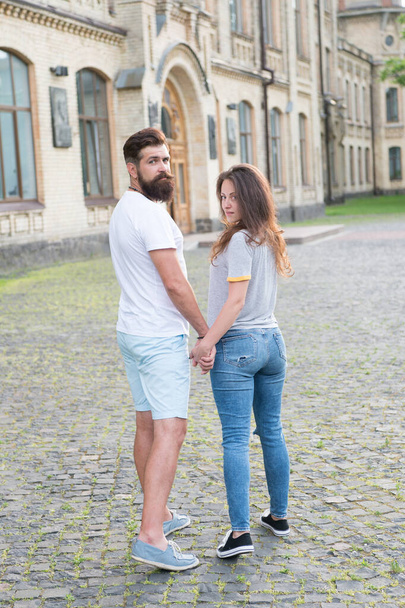 Together forever. Mutual sympathy. Couple relations goals. Enjoy every moment. Peaceful romantic people. Family love. Love story. Romantic relations. Couple in love. Man and woman sunny day outdoors - Foto, Bild