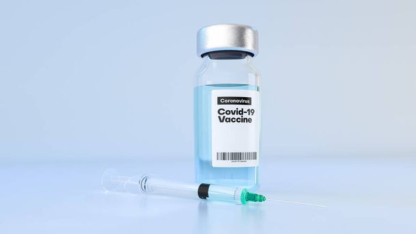 Koronavirus covid-19 lahvička s vakcínou a injekční stříkačka. 3D ilustrace. - Fotografie, Obrázek