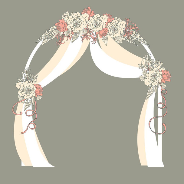 Arco di fiori da sposa con rose e nastri su sfondo grigio. Illustrazione vettoriale
. - Vettoriali, immagini