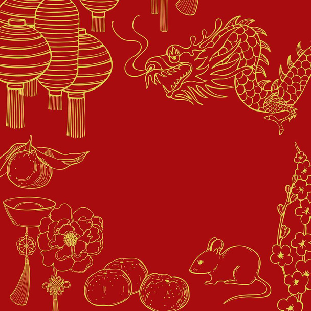 2020 Čínský Nový rok pozadí. Rok krysy. Obrázek vektorového náčrtku. - Vektor, obrázek