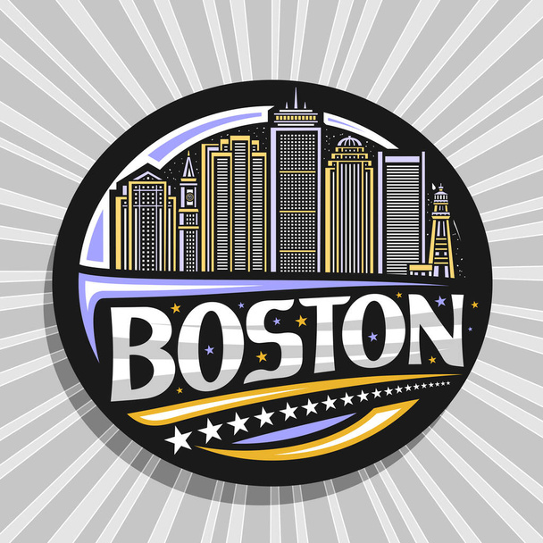 Vector logo for Boston, black decorative circle sticker with line illustration of modern boston city scape on dusk sky background, art design tourist fridge magnet with unique letters for word boston. - Vector, Image