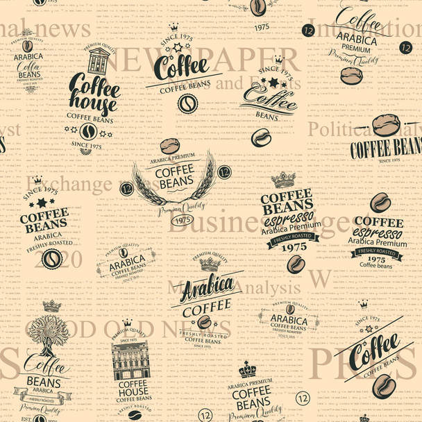 Motif vectoriel sans couture dans un style rétro sur le thème du café et du café avec diverses étiquettes de café sur le fond de vieux journal. Convient pour papier peint, papier d'emballage, textile, tissu
 - Vecteur, image