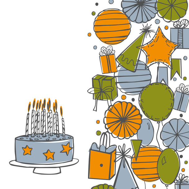 Fondo de cumpleaños vectorial. Guirnaldas, pompones de papel, confeti, regalos, pasteles, dulces, globos
. - Vector, imagen