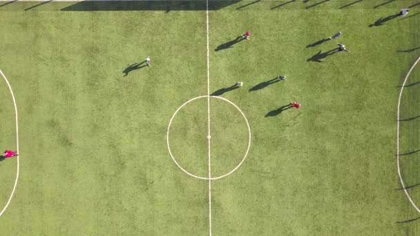 ylhäältä alas antenni näkymä vihreä jalkapallo urheilukenttä ja pelaajat pelaavat jalkapalloa. Pienet tunnistamattomat urheilijat ruohikolla katetulla stadionilla urheilutoiminnan aikana. - Materiaali, video