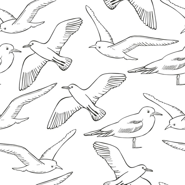 Seamless vector pattern with hand drawn seagulls - Wektor, obraz