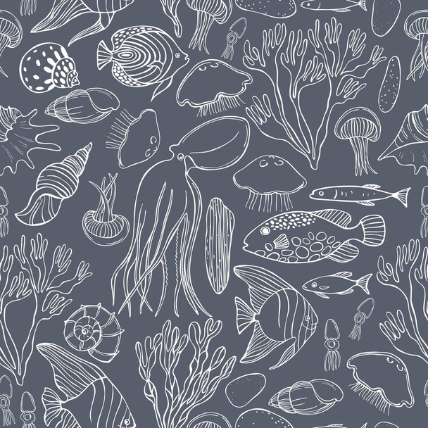 Mundo submarino, medusas, pulpos, peces, conchas, algas. Patrón sin costura vectorial
. - Vector, imagen