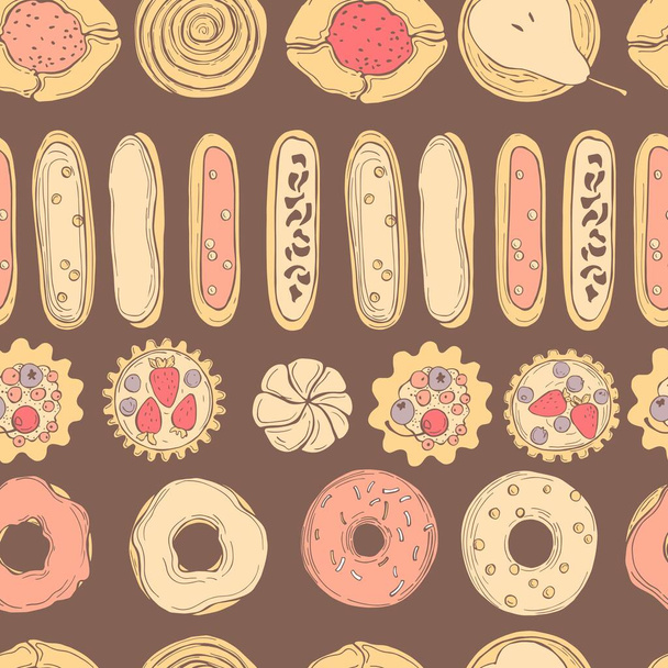 手描きベーカリー製品。クッキー、ケーキ、ドーナツ。ベクトルシームレスパターン - ベクター画像