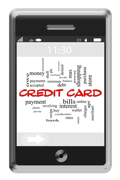 creditcard woord wolk concept op touchscreen telefoon - Foto, afbeelding