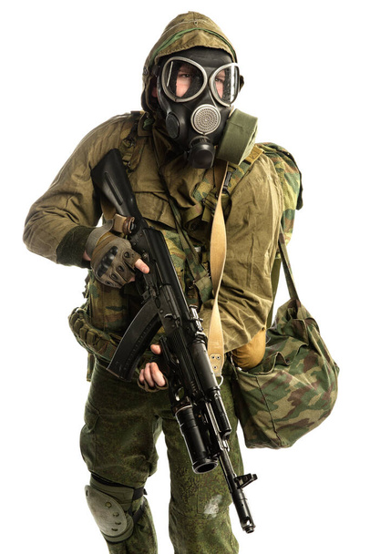post-apocalyptic soldier. shot in studio. isolated on white background - Photo, Image