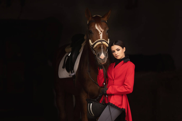 肖像茶色の馬とジョッキー女性ライダー,コンセプト広告乗馬クラブ学校 - 写真・画像