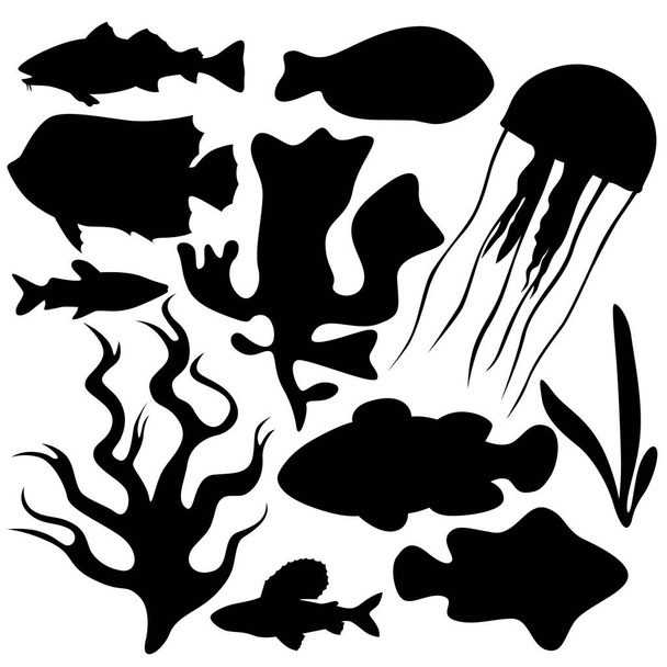Un conjunto de once elementos del mundo del mar. Set para varios propósitos revista, póster, sitio web, y más. Peces, algas, medusas. Ilustración vectorial
. - Vector, imagen