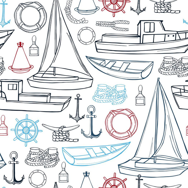 Sea transport, yachts and ships. Vector  seamless pattern. - Vetor, Imagem