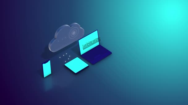 Een groep gadgets synchroniseert data met cloud over blauwe achtergrond. - Video