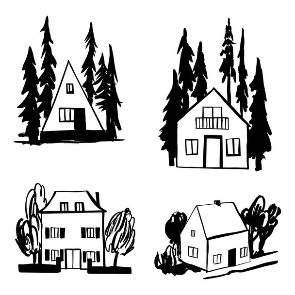 Handgezeichnete Häuser mit Bäumen. Vektorskizze als Illustration. - Vektor, Bild
