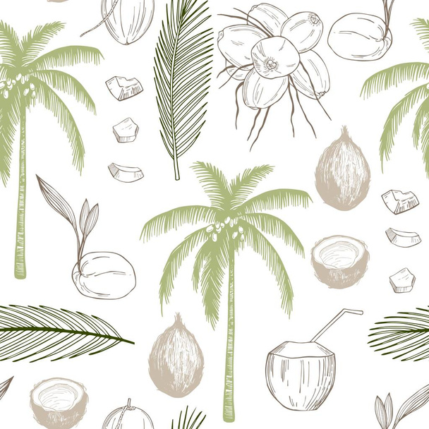 Hand drawn coconuts and palm leaf. Vector  seamless pattern  - Vector, Image