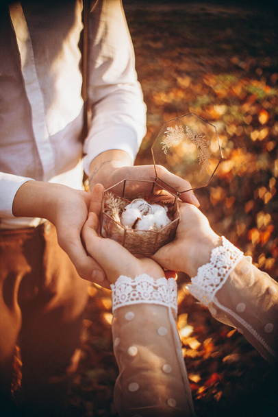 wedding rings in a stylish glass box decorated with a blossom of cotton with a blurred natural background in the shape of many bright hearts - Foto, Bild