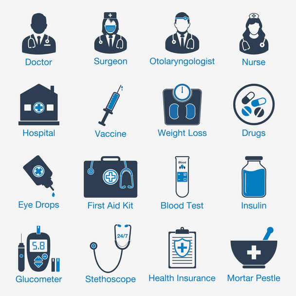 Lääketieteelliset liittyvät kuvakkeet lääkärin, kirurgin, otolaryngologin, sairaanhoitajan, sairaalan, rokotteen, huumeiden, painoluokan, silmätipan, insuliinin, verikokeen, ensiapupakkauksen, vakuutuksen, statoskoopin merkki. Muokattava vektori EPS Symbol Illustration
.  - Vektori, kuva