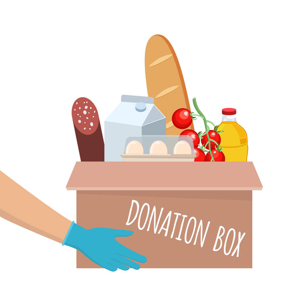 Vector food donation box with different food in it. Hands giving box. Delivery of the product during quarantine. - Vector, Image