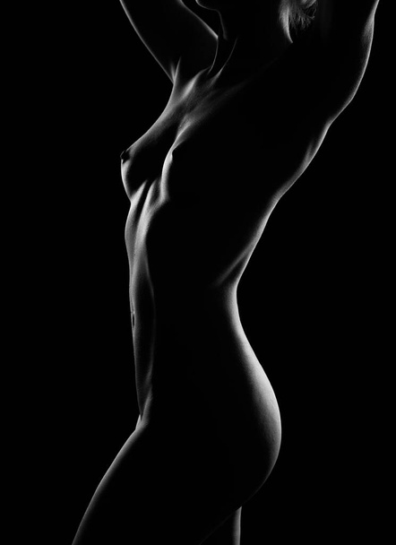 photo of a light outline of a naked female body on a dark background. Naked girl straightens her hair - Foto, immagini